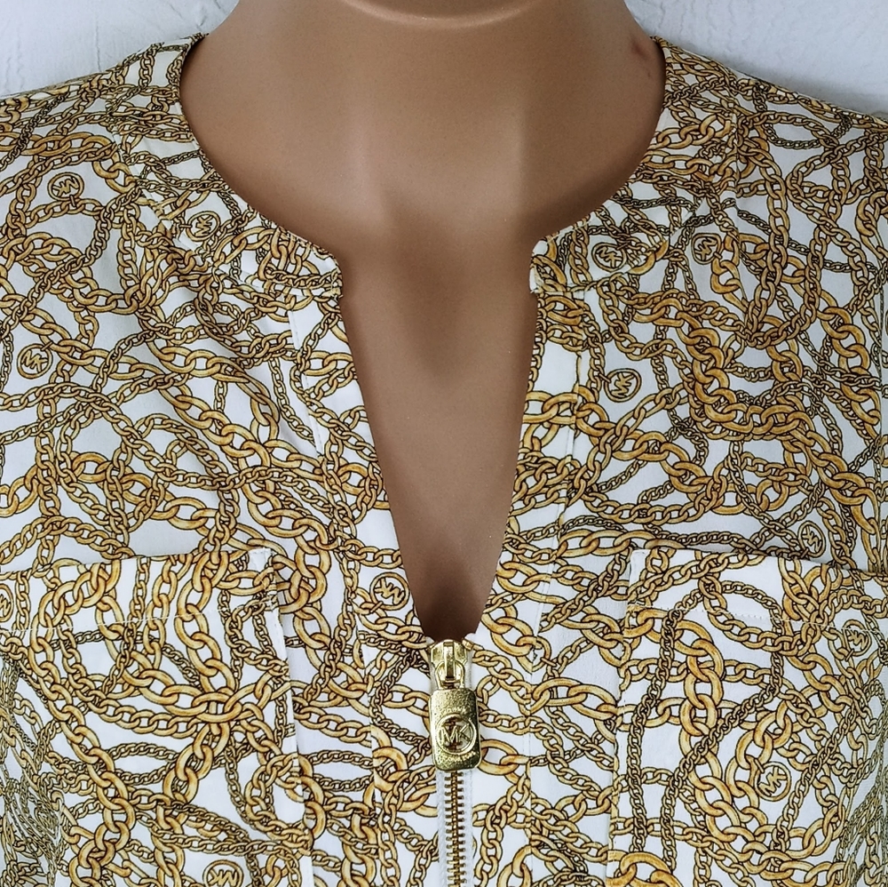 Michael Kors gold chain print zip front blouse Sz. XL
